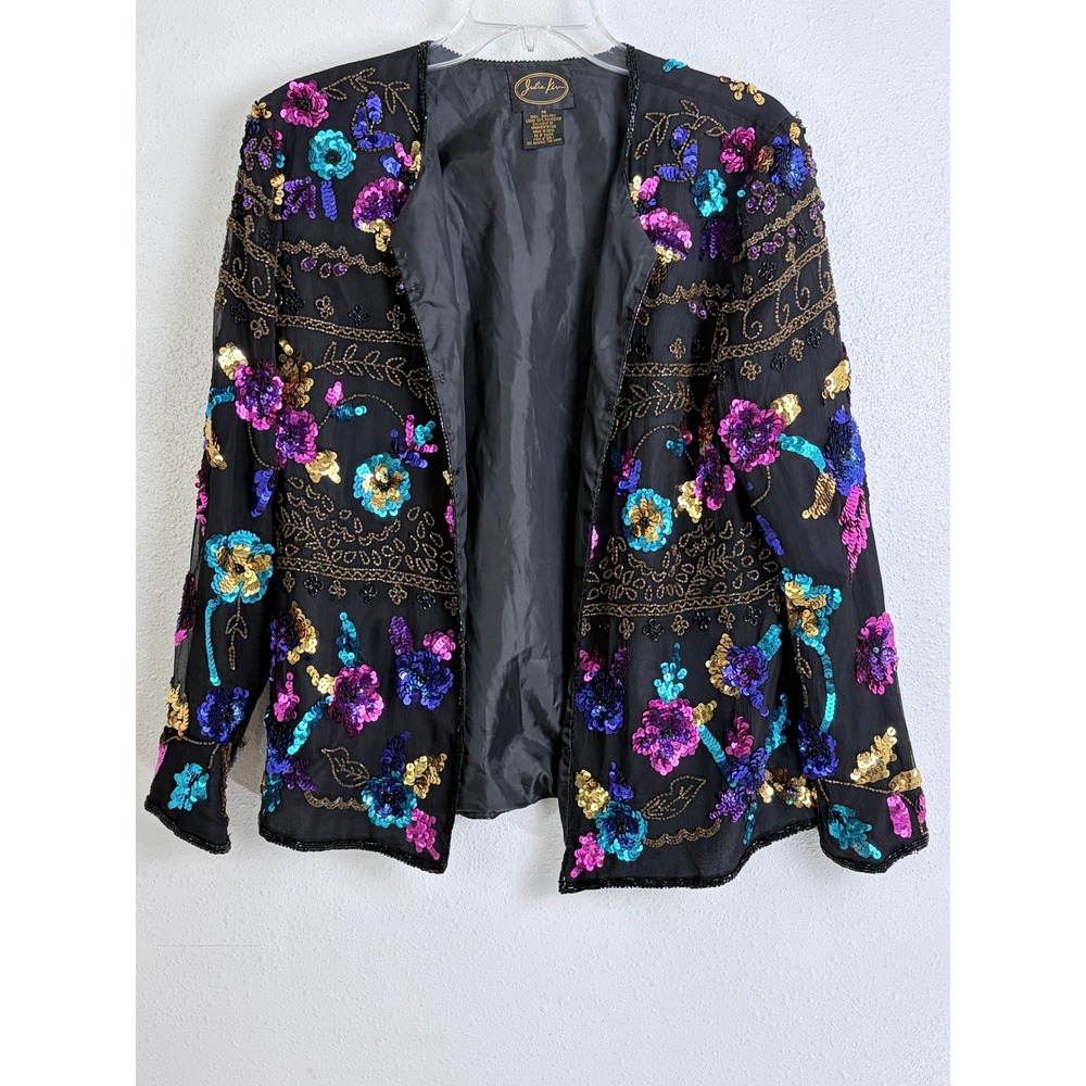 Vintage Julia Kim Black Floral Sequin Beaded 100% Silk Womens Jacket Size M
